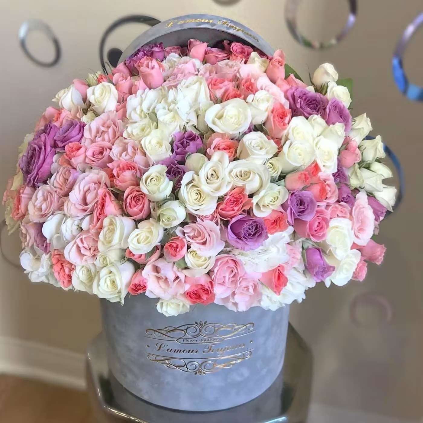 Spring Palette Signature Box -  Mix of fresh multicolored spray roses in a Grey velvet signature box