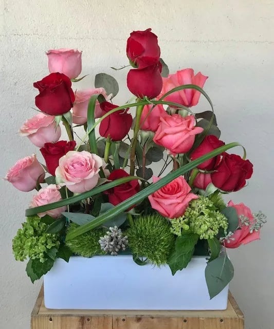 Rose Avenue - 12 mixed color roses, lily grass in 8'' ceramic container 