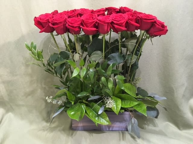 True Love - 18 Red Roses with green in 12'' wooden container