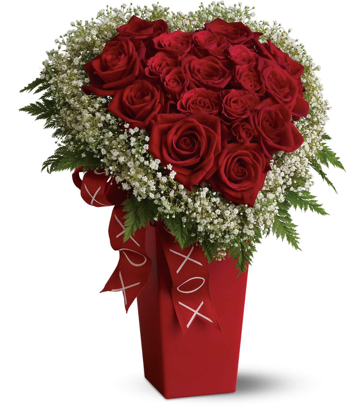 Heart And Soul Premium - Send someone this soulful floral gift and there'll be no mistaking that you're giving them your heart! A heart made entirely of red roses is nestled in a cloud of sinuata statice and greenery and presented in a tall red vase adorned with a pretty ribbon.