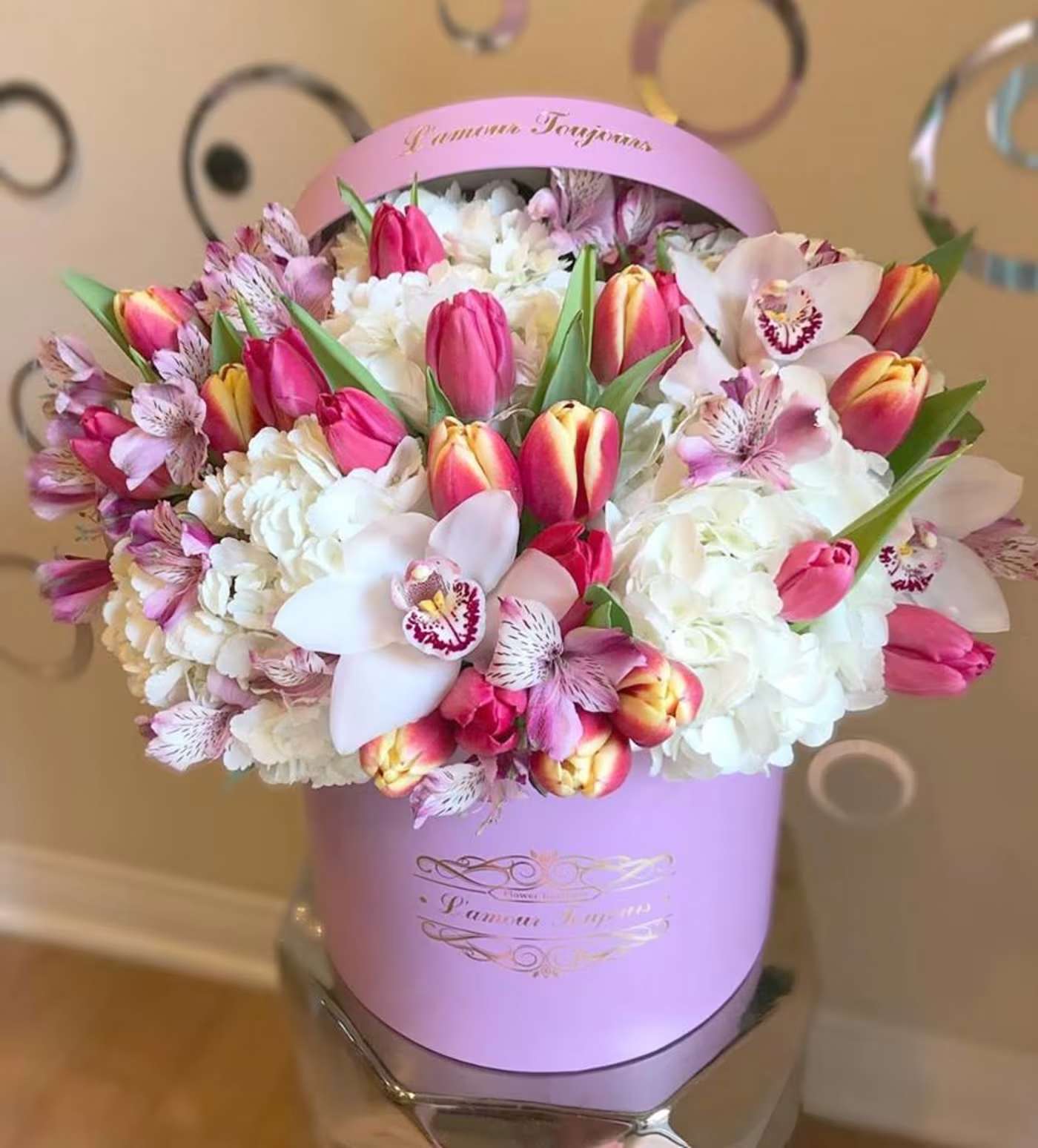 San Diego Signature Flower Box - Same Day Flower Delivery - Tulips, hydrangeas, alstroemerias, cymbidium orchids premium mix