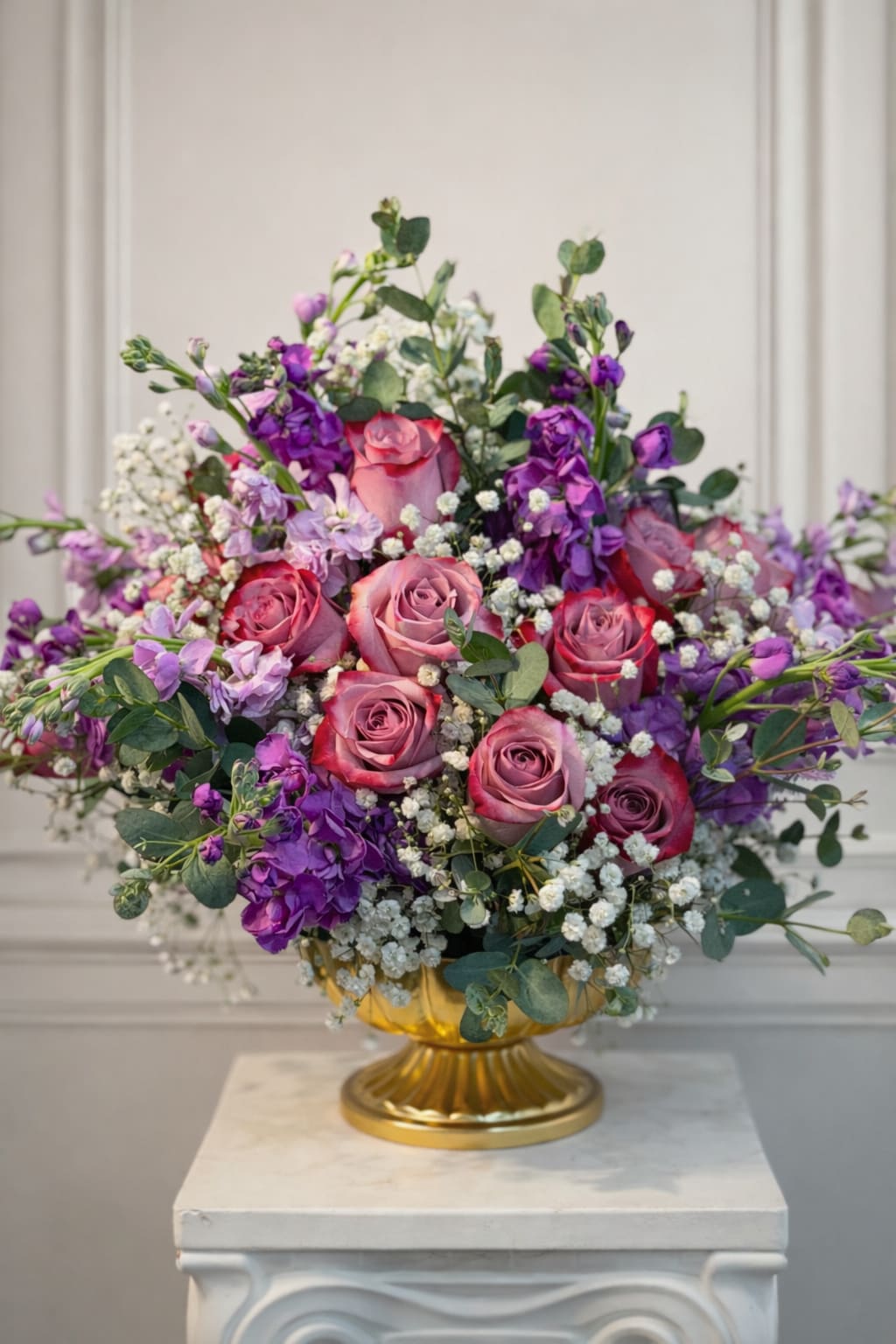 Velvet Violet - An elegant and romantic flower arrangement featuring soft mauve roses surrounded by lush purple stock, airy baby’s breath, and fresh eucalyptus. Designed in a classic gold pedestal vase, this timeless and graceful piece is perfect for meaningful moments, celebrations, or elevated home décor.  Available for same-day flower delivery in Carlsbad and surrounding areas, each arrangement is handcrafted with fresh, premium flowers and natural variations.