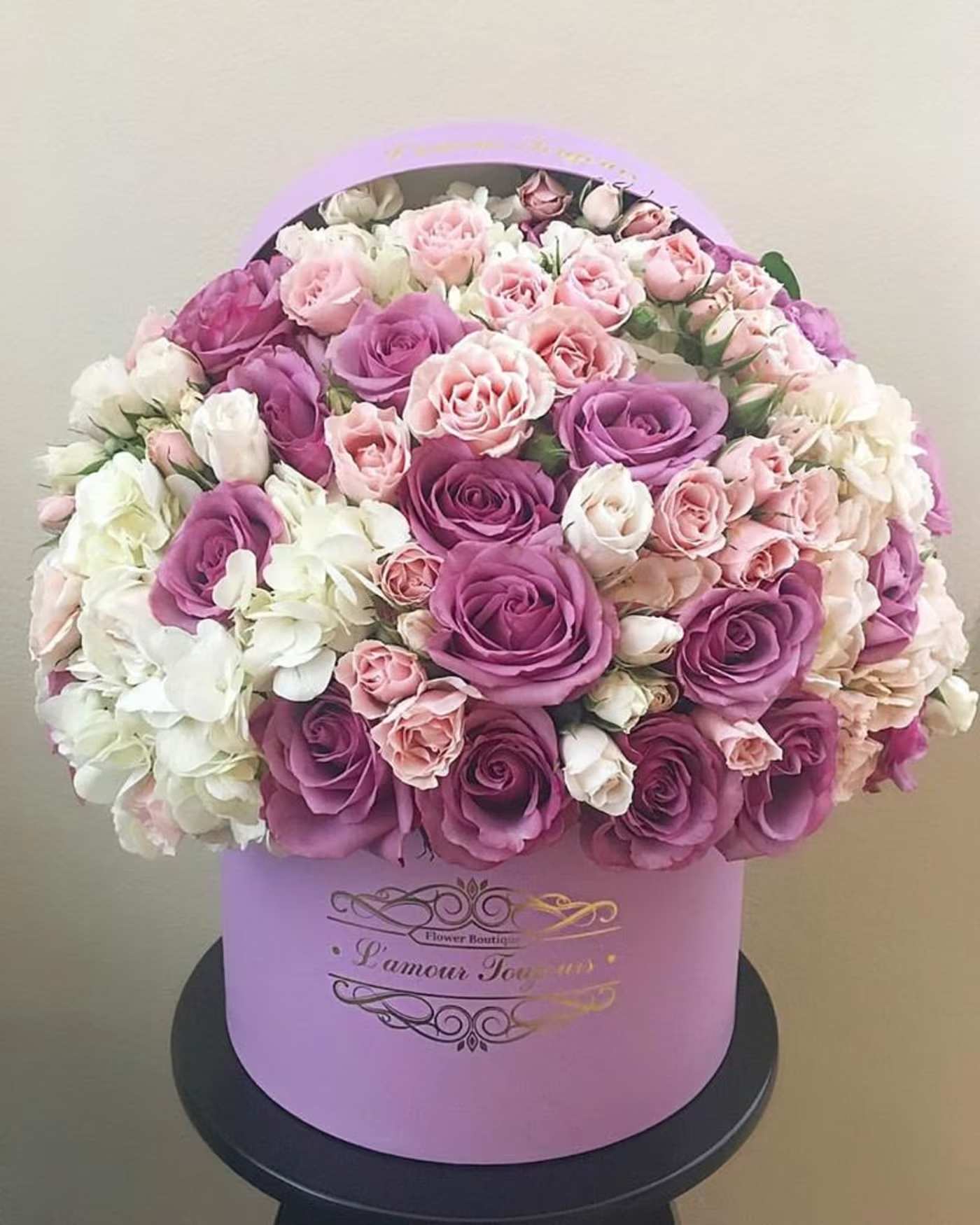 Tustin Ranch Signature Flower Box - Purple roses, spray roses, hydrangeas mix