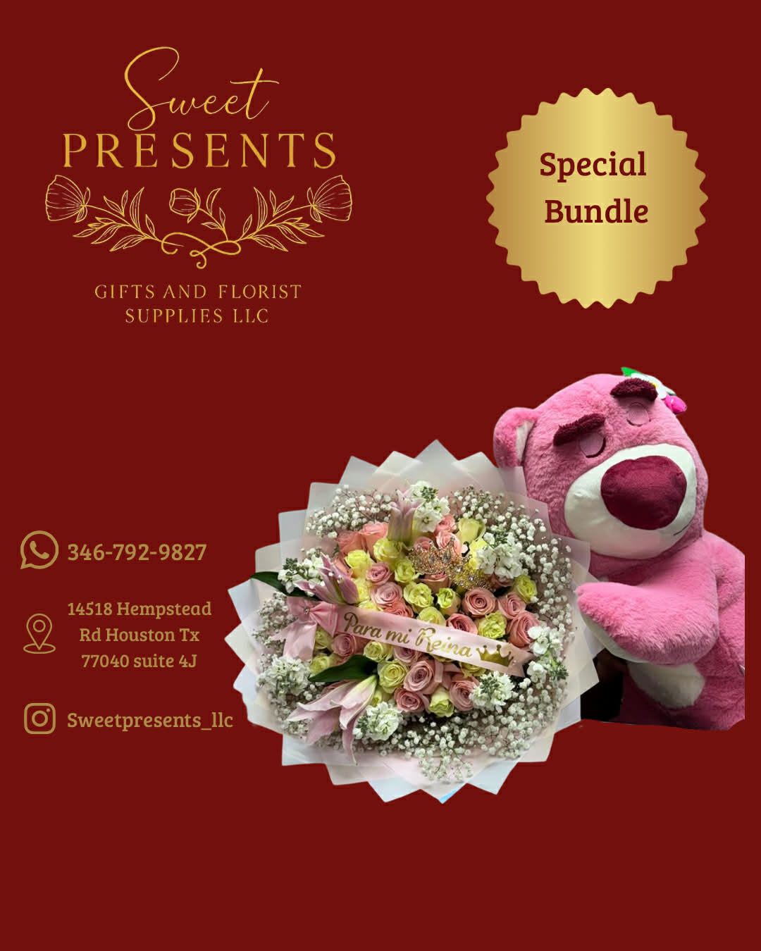 Lotso  Bundle - Mix Bloom Bouquet including customize  banner,crown and 90 cm pink sleepy bear.
