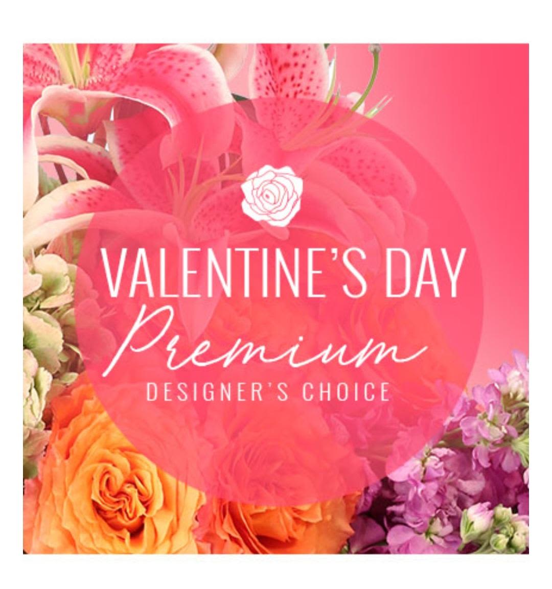 Valentine's Day Designers Choice Premuim - Our freshest premium blooms arranged beautifully in a vase. Valentine's day colors and theme. Red, pink, purple, white and other seasonal colors.  Flowers may include lilies, roses, carnations, lisianthus, snapdragons, hydrangeas and other premium blooms.