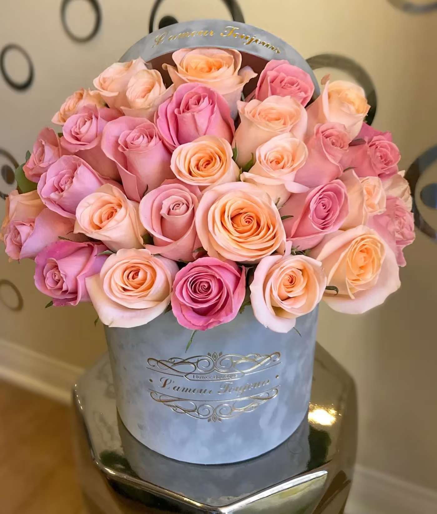 La Jolla Signature Flower Box - 50 Fresh Pink and Peach Roses in a luxurious Gray Velvet box