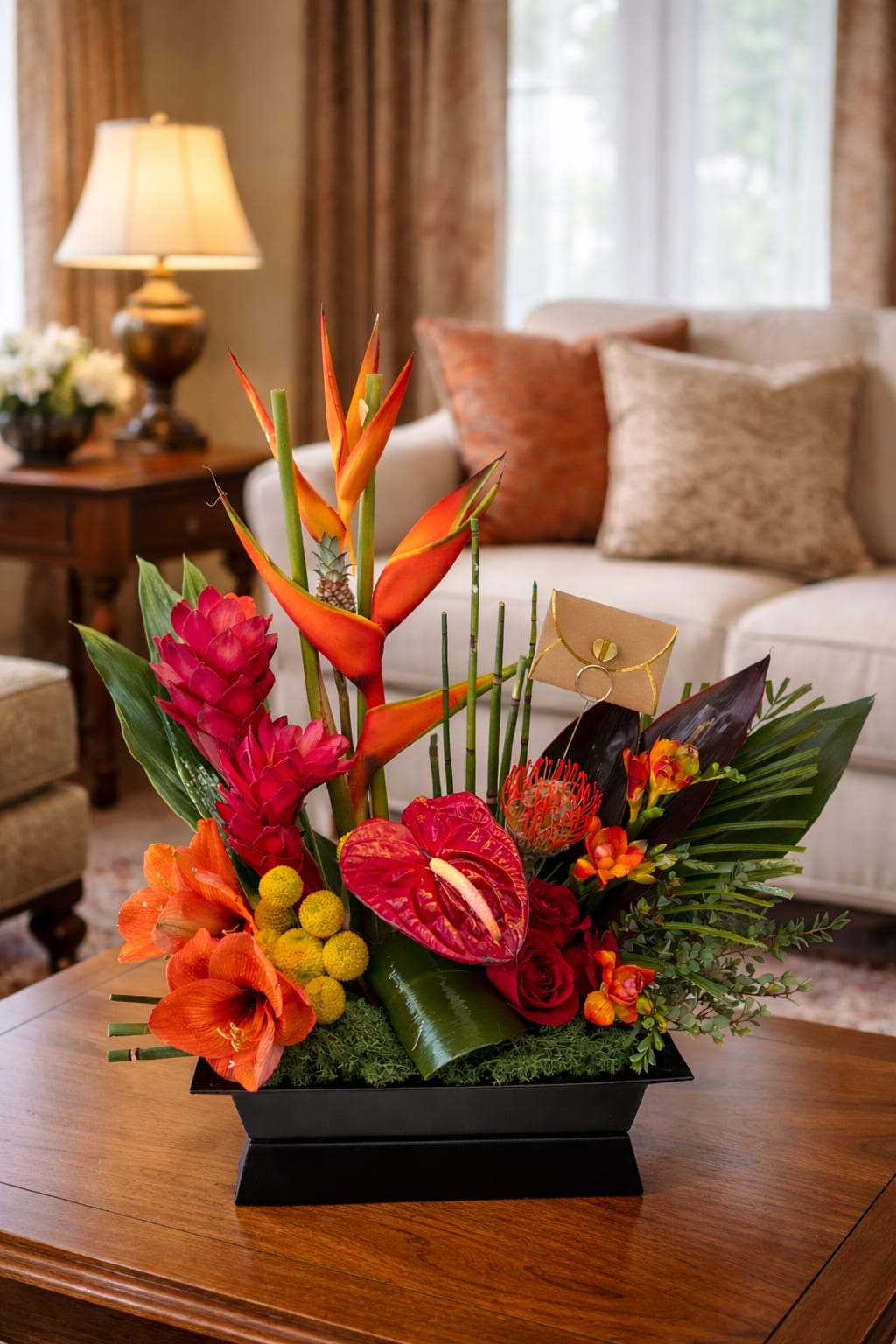Royal Tropicano - A bold tropical flower arrangement featuring birds of paradise, red anthurium, ginger, and lush greenery, designed in a modern black container. Perfect for celebrations, thank-you gifts, or statement décor. Available for flower delivery in Carlsbad and surrounding areas.