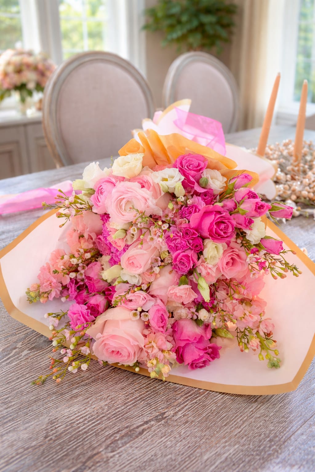Pink Whisper - A hand-tied bouquet of lush pink and blush blooms, thoughtfully wrapped in soft pastel paper and finished with flowing ribbon. Romantic, feminine, and effortlessly elegant.