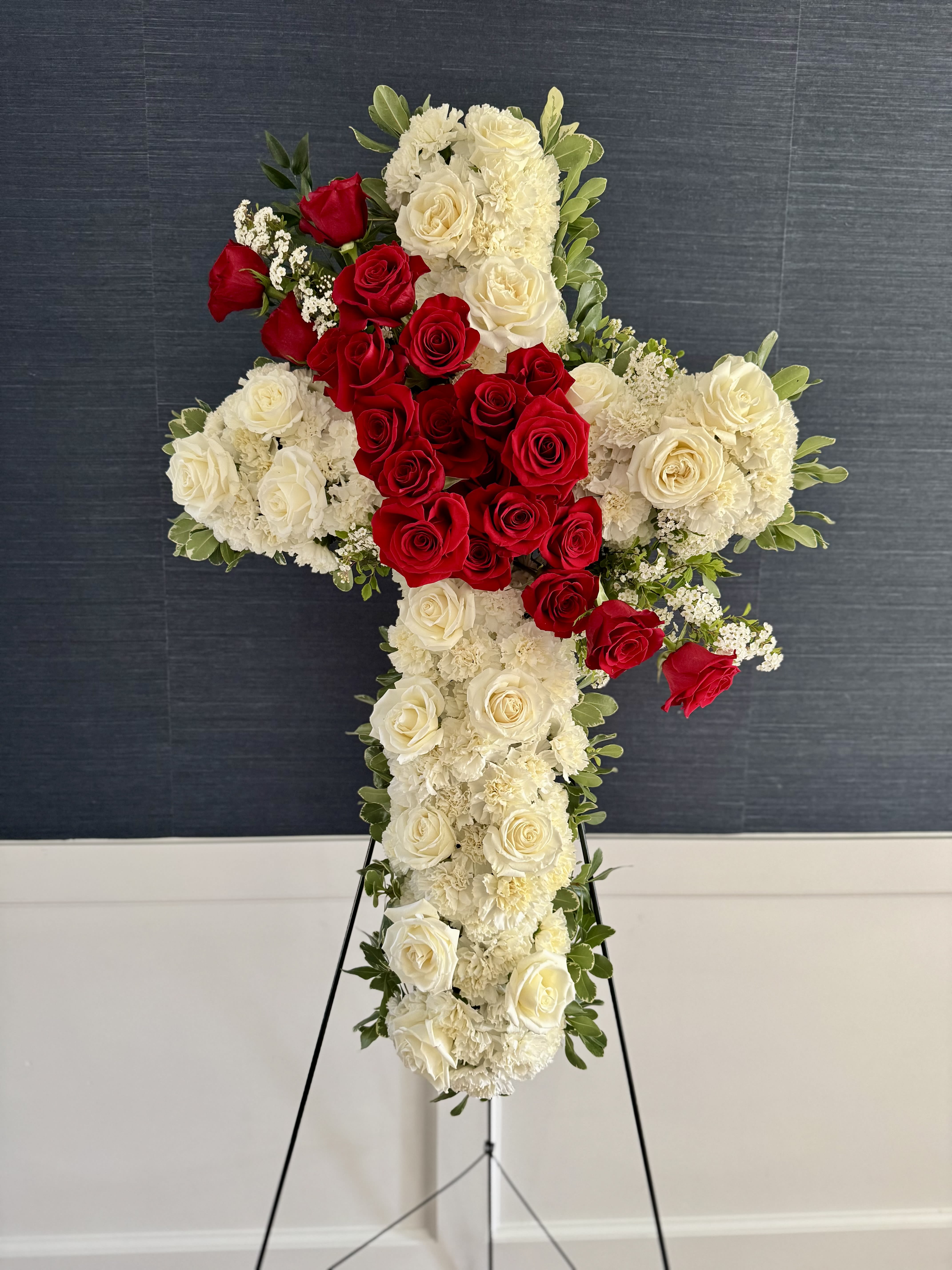 Premium White Cross - 36" White Cross with Red Roses, White Roses and Carnations