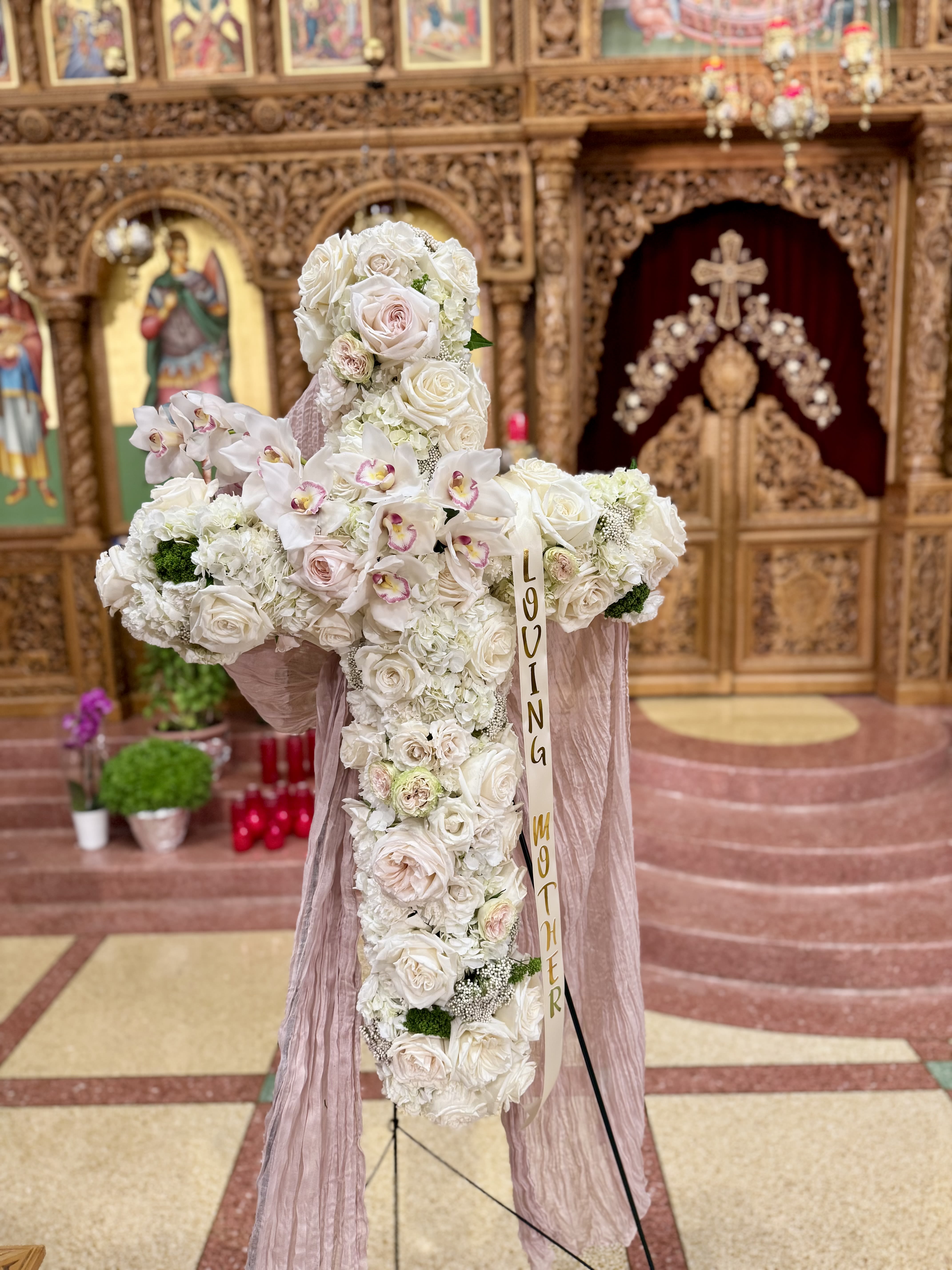 Premium Cross - 36" Cross made with premium flowers, including garden roses, hydrangeas and orchids.