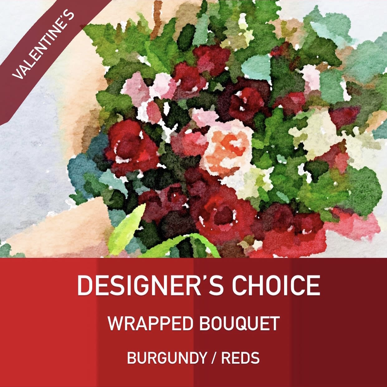 Designer’s Choice - in Wrapped Bouq - Burgundy/Reds - We will craft a beautiful Valentine’s bouquet with a mixed variety of flowers in mixed burgundy/red tones as the main colors; wrapped up in our natural kraft paper and tissue, ready for you to hand to your special Valentine, or you can have us hand deliver it.