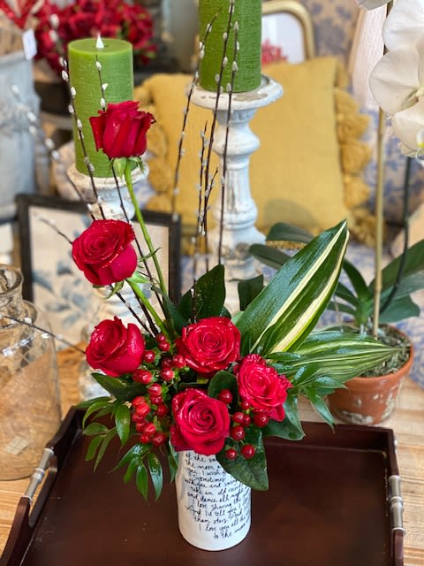 Posies by Patti's Custom To The Moon and Back - .Posies by Patti's Custom "To The Moon and Back" This arrangements arrives with Red roses and pussy willow and tropical leaves arranged in a love letter vase to keep and reuse. The love letter says:  Sometimes when I look at the moon, I think of you looking at the moon at the same time.  Sometimes I look at the moon and send it a little wish for you.  I wish for you all the stars. Sometimes I want to go up there with you and swing on the stars.  We could take an old record player up there and dance all night.  I'd tell you I loved sharing the moon with you. I would tell you I love you more than the stars, and I'd tell you I love you to the moon and back.