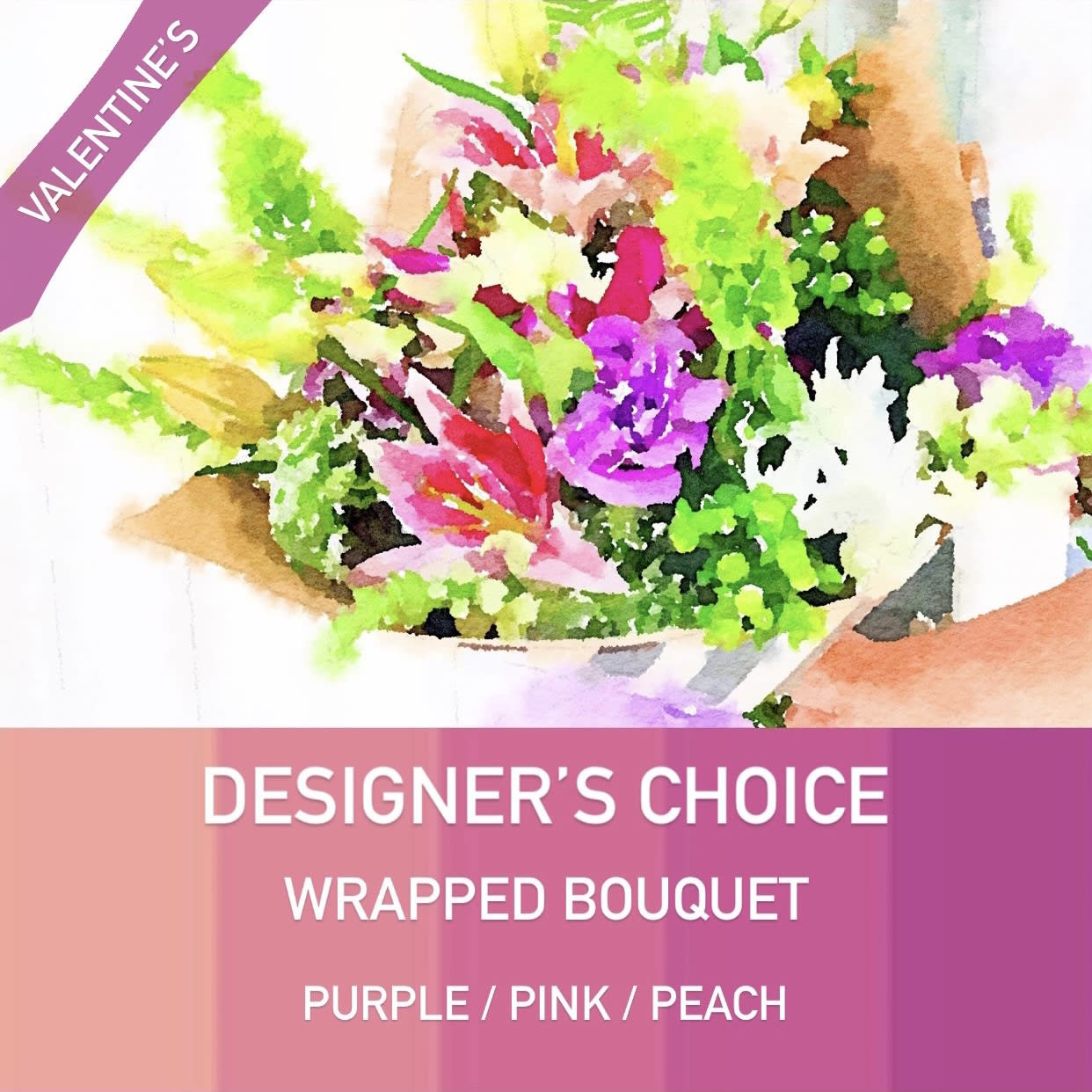 Designer’s Choice - Wrapped Bouq - Purples/Pink/Peach - We will craft a beautiful Valentine’s bouquet with a mixed variety of flowers in mixed purples/pinks/peach tones as the main colors; wrapped up in our natural kraft paper and tissue, ready for you to hand to your special Valentine, or you can have us hand deliver it.
