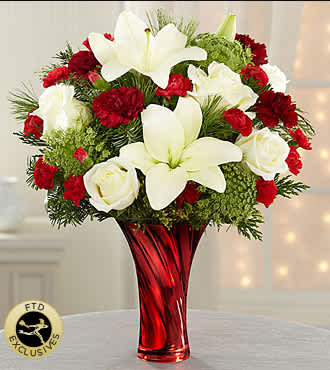 Velentine love Bouquet - Blooming with elegance, this stunning white tiger lily and white roses with baby red carnation  flower bouquet 