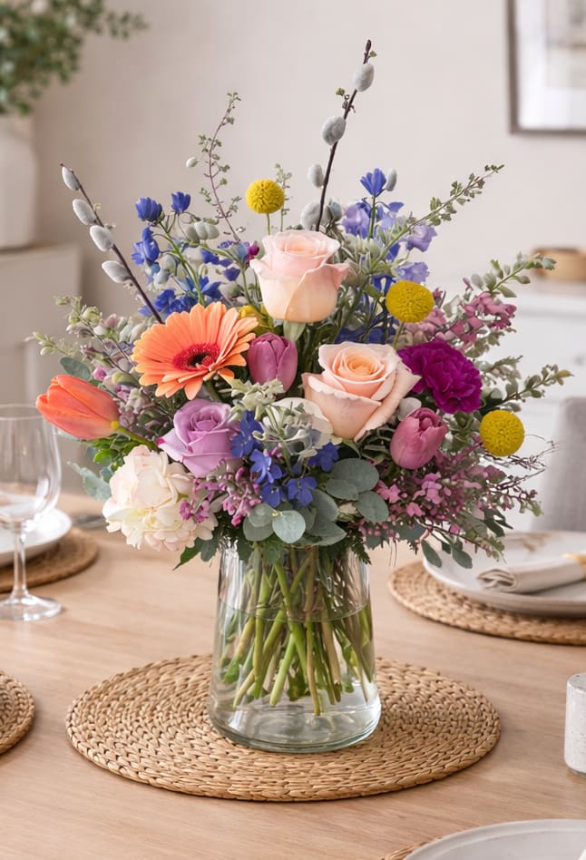 Prairie Sunset Garden Luxury Vase - Bring vibrant color and natural elegance into any space with our Prairie Sunset Garden Vase, a lush, premium floral arrangement designed by our expert florists in Belle Plaine, Minnesota. This statement piece features an abundant mix of gerbera daisies, roses, hydrangea, tulips, snapdragons, delphinium, larkspur, stock, carnations, craspedia, heather, and seasonal greenery, artfully arranged with tall pussy willow and textured accents for height and movement.  Designed in a clear glass vase, this arrangement showcases a rich palette of peach, coral, pink, lavender, and soft white blooms, making it a perfect choice for birthdays, anniversaries, celebrations, sympathy, or just because. Its garden-style design creates a full, airy look that feels fresh, joyful, and thoughtfully curated.  Handcrafted at Fab Flowers MN in Belle Plaine, each Prairie Sunset Garden Vase is made with the freshest seasonal flowers available and designed to make a lasting impression. Ideal for local flower delivery in Belle Plaine, New Prague, Jordan, Le Sueur, and surrounding Minnesota communities.