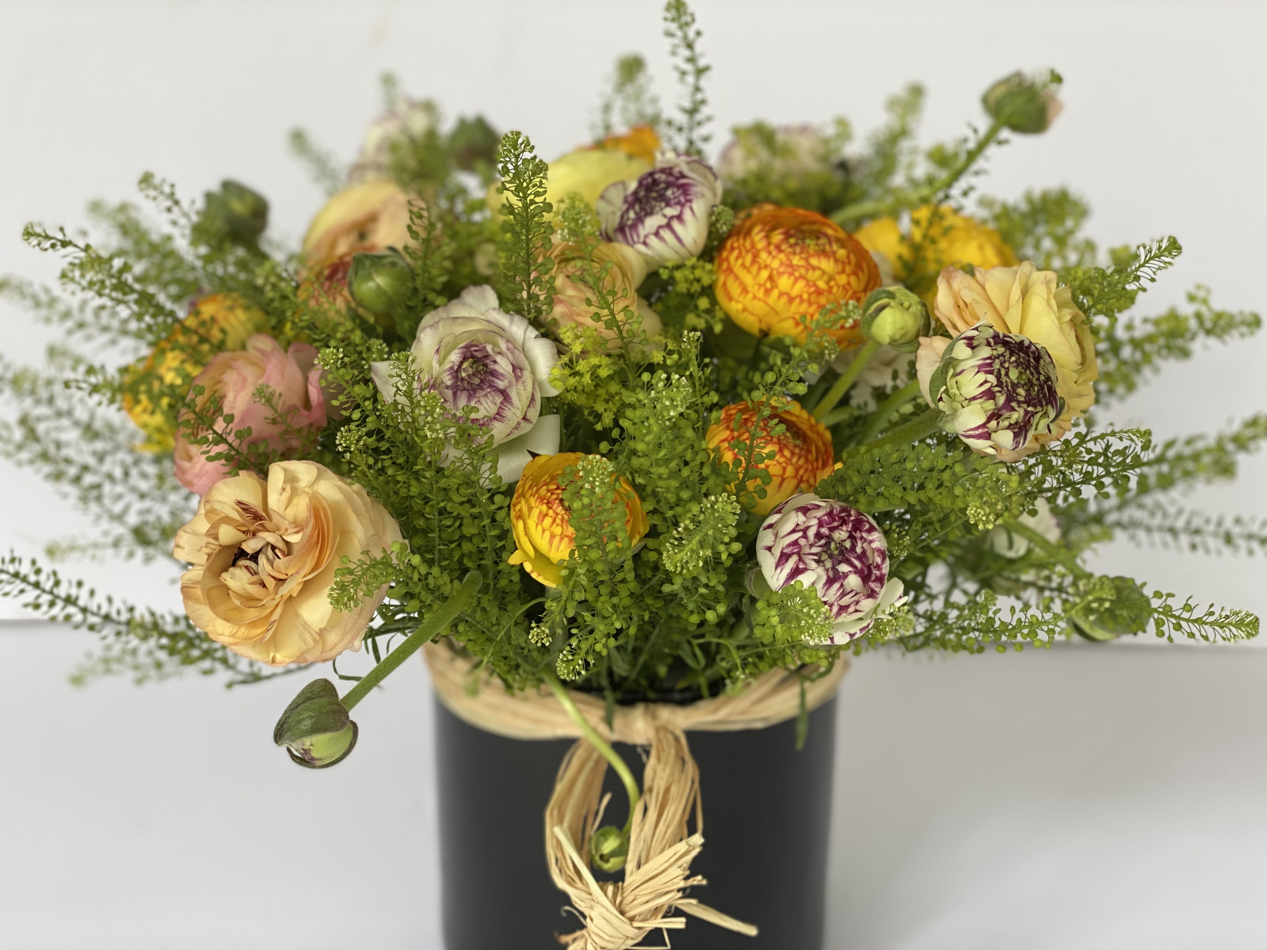 THE GREEN BELL RANUNCULOS  - This lush composition is surrounded of green bells, and a mixed of premium ranunculos in assorted colors arranged in a low black cylinder, for a lush and full look. 