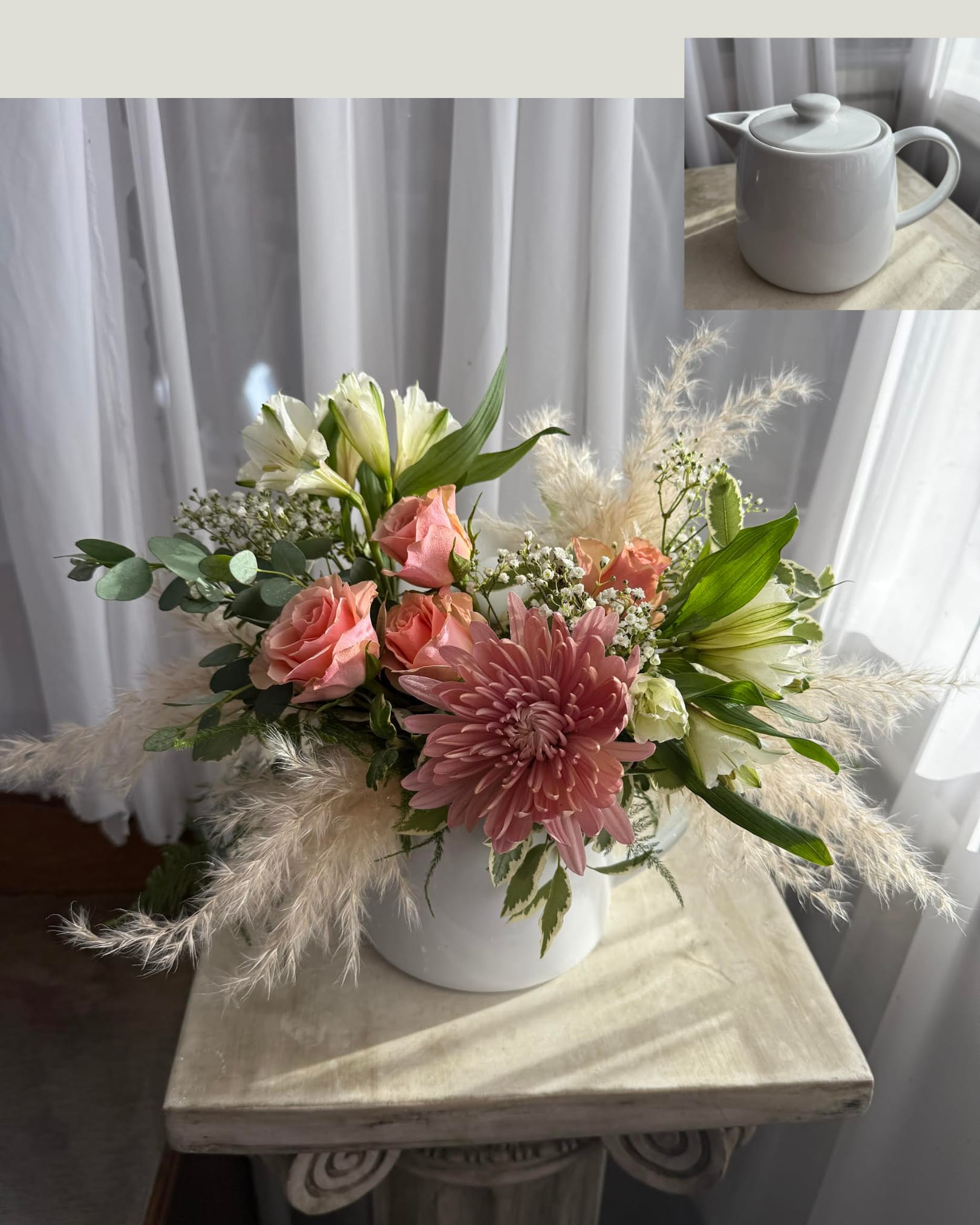 The Still of Winter - This soothing composition is made inside a white teapot.  Add a canister of our artisan Oregon-made herbal tea for a lovely 2-part gift.  Our flower inventory changes daily, so call the shop if you want to know exactly what we'll be putting in it.