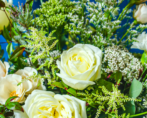 Designer's Choice "FROSTY PINE" Wrapped Bouquet  (White And Textural Greens- Airy And Layered) - Layers of winter white and textural greens for a sophisticated, neutral palette. A secondary color can be requested if you would like a hint of color. 