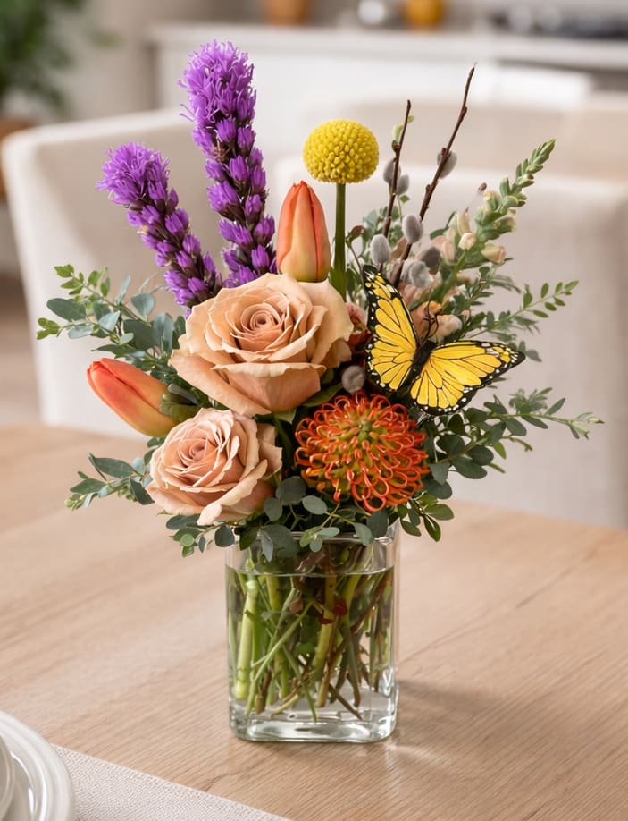 Butterfly Garden Bouquet by The Fabulous Flower Market - A lush, garden-style flower arrangement featuring roses, tulips, seasonal blooms, and decorative butterflies. Hand-designed with fresh seasonal flowers for a natural, whimsical garden look.