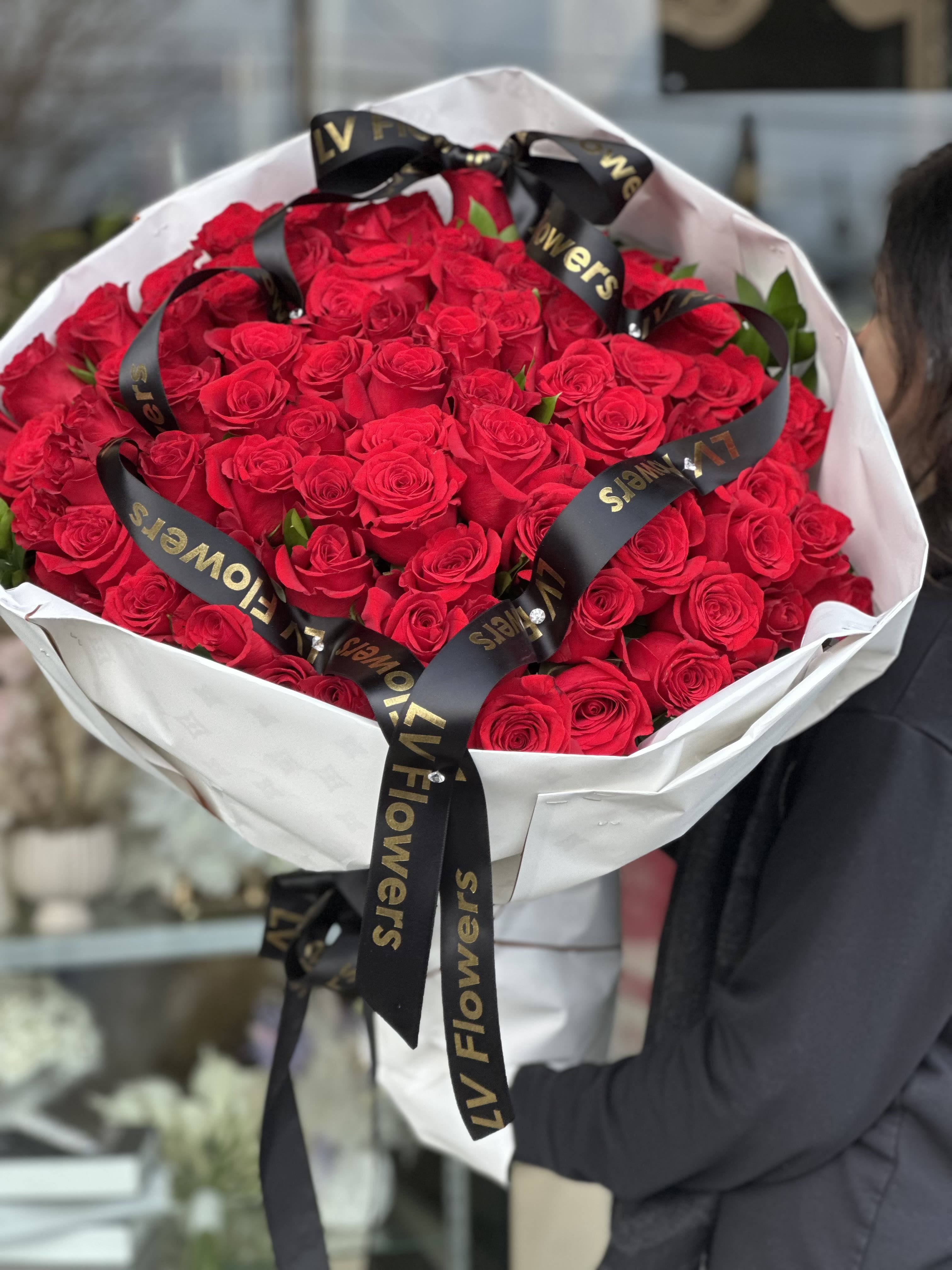 Forever Yours  - 100 beautiful fresh red roses in a bouquet wrapped beautifully with any color wrapping you may want. 