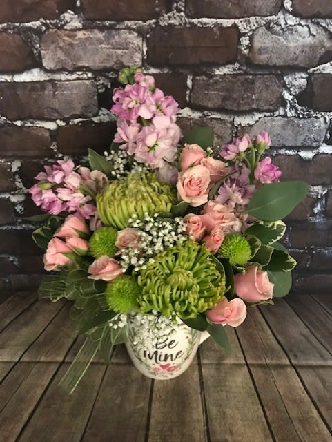 Be Mine Mug - A cute coffee mug, filled with beautiful green and pink flowers. Approx. 10" W x 12" H