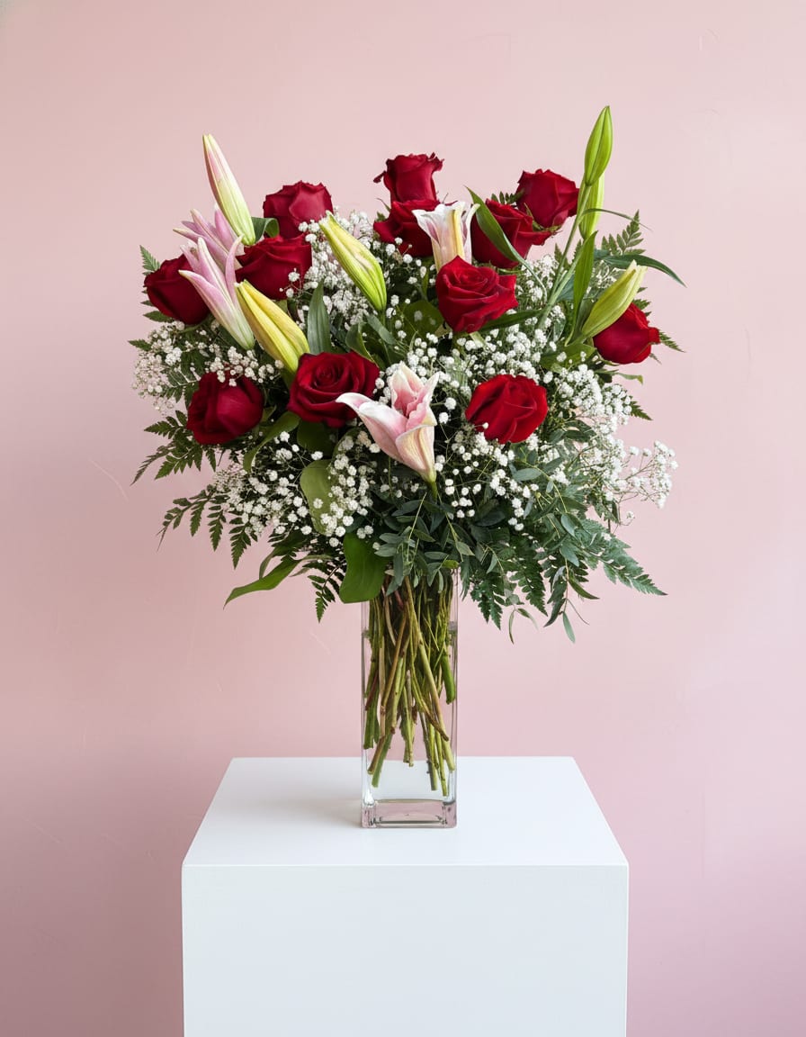 Always &amp; Forever  - A timeless floral expression of love and devotion. Featuring One Dozen red roses paired with graceful pink lilies, this arrangement captures the perfect balance of passion and elegance. Crafted to leave a lasting impression, making it the perfect choice for romantic milestones, heartfelt gifts, or any moment that calls for timeless elegance.  Size Approximately: 26" H x 21" W  Square Vase: 12" H x 4" W