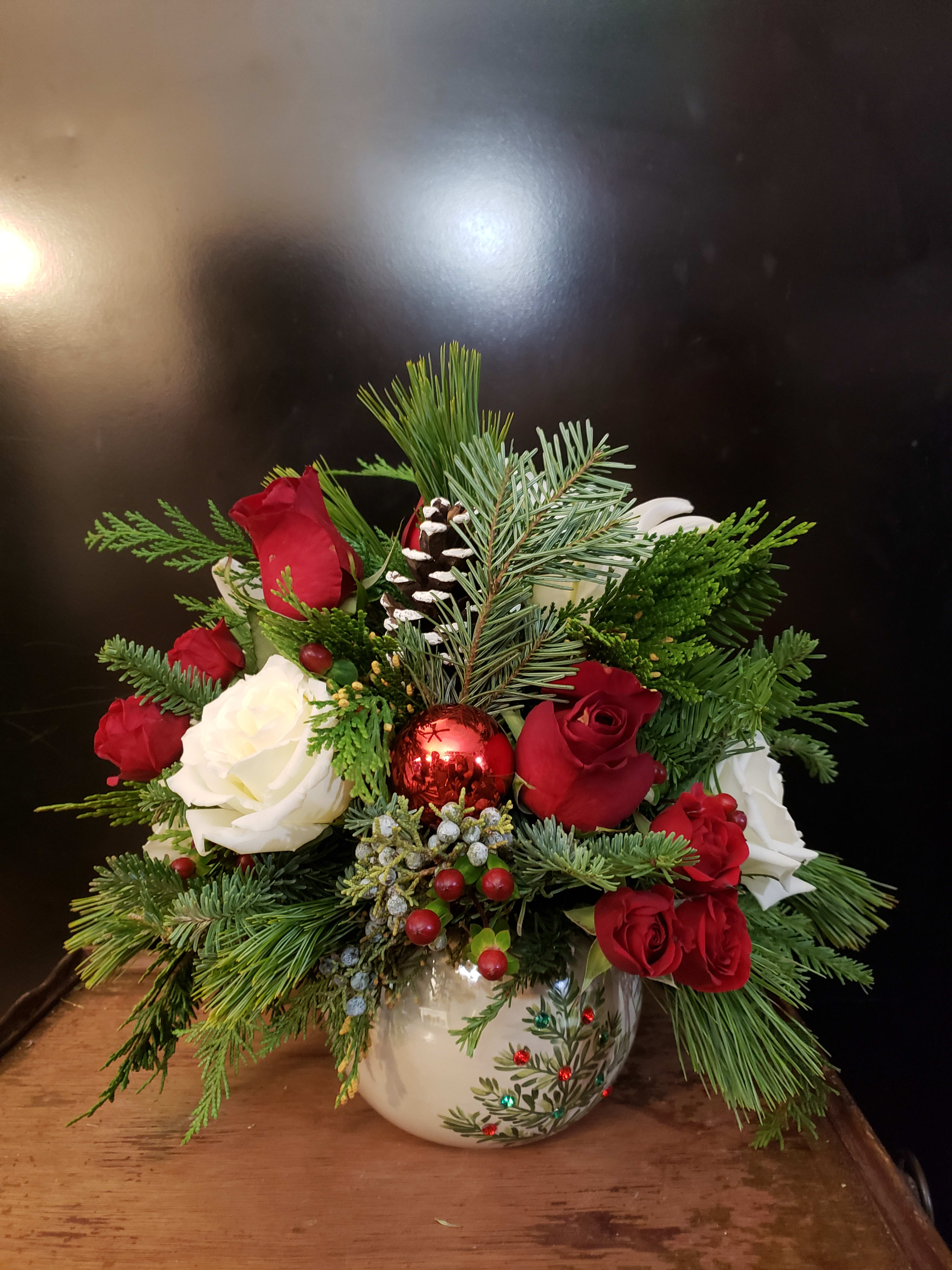 O' Christmas Tree Ornament  - Our beautiful pearled ornament filled with fragrant greens, Red and White roses. and seasonal embellishments.