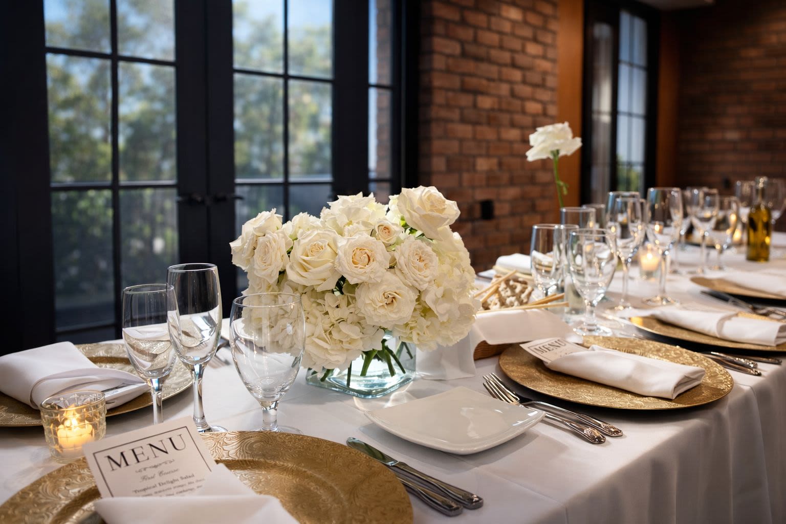 White Sonata - White Sonata is a graceful, all-white centerpiece composed of lush premium blooms arranged in a low, modern glass vessel. Featuring layers of soft white roses and seasonal white florals, this design creates a harmonious balance of texture and movement—much like a beautifully composed melody.  Elegant yet understated, White Sonata is ideal for weddings, refined dinner parties, corporate events, and timeless celebrations where simplicity speaks volumes. Its clean palette and sculptural form allow it to blend seamlessly into any setting while elevating the table with effortless sophistication.  Perfect for: Weddings • Intimate dinners • Corporate events • Neutral &amp; luxury tablescapes