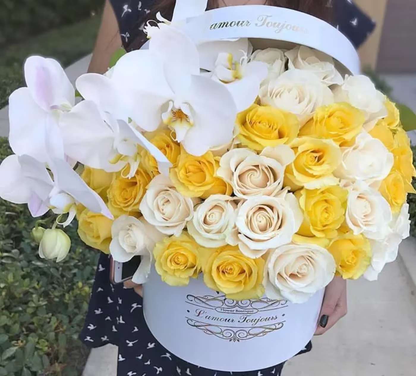 Monarch Beach Signature Flower Box - 50 Premium WHITE and YELLOW Roses with Orchid