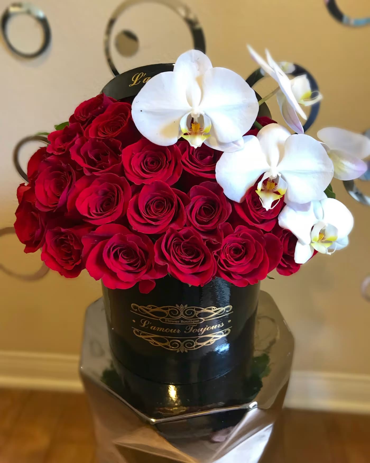 Westminster Signature Flower Box - 25 Premium Red Roses and a Premium Orchid Stem in our Signature Box
