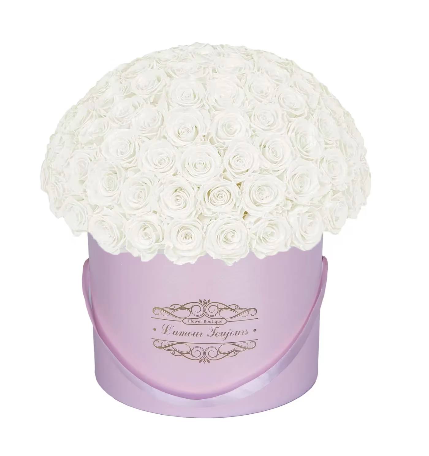 100 White Everlasting Roses - Pink Signature Box - • Everlasting roses are preserved real roses that last up to 3 years! By treating fresh roses with a unique method these roses become long lasting and keep their natural beauty, structure and softness. • Make a statement with our exquisite Ecuadorian real roses that bring uniqueness and sophistication to life. • Send stunning roses to your loved ones, a wife, a husband, a parent or a friend to let them know you remembered their special day. • Zero maintenance required: Everlasting roses hold tenderness and a natural fresh look, with no maintenance required.