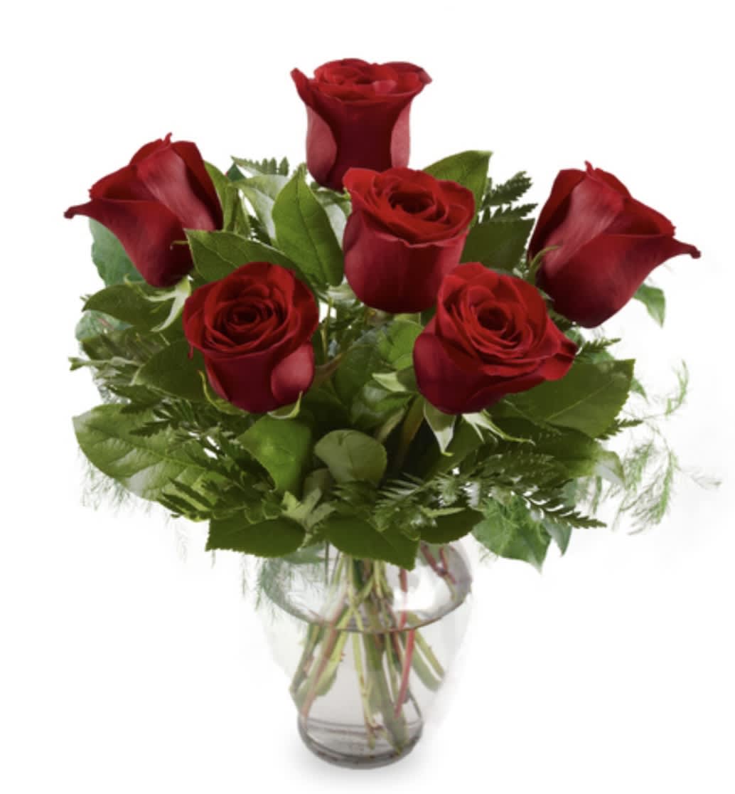 Half Dozen roses  - This arrangement has six roses, greens and a clear glass vase. If you would like to add baby’s breath it will be an additional seven dollars. Please give us a call if you would like to add baby’s breath so we can make sure it will be added to the order. Or you can click on the deluxe that is with baby’s breath added. 
