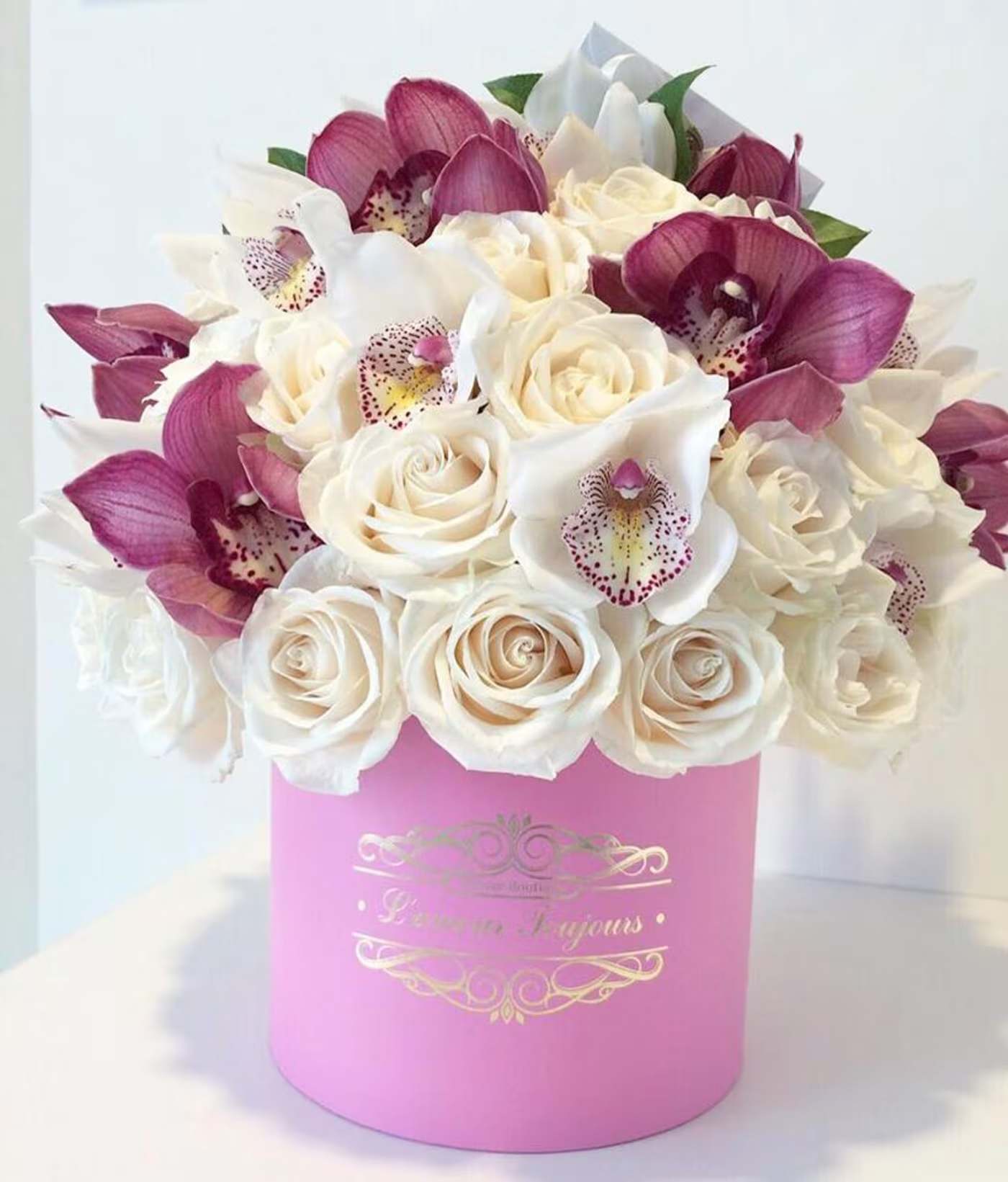 Dana Point Signature Flower Box -  25 Premium White Roses with Cymbidium Orchids 
