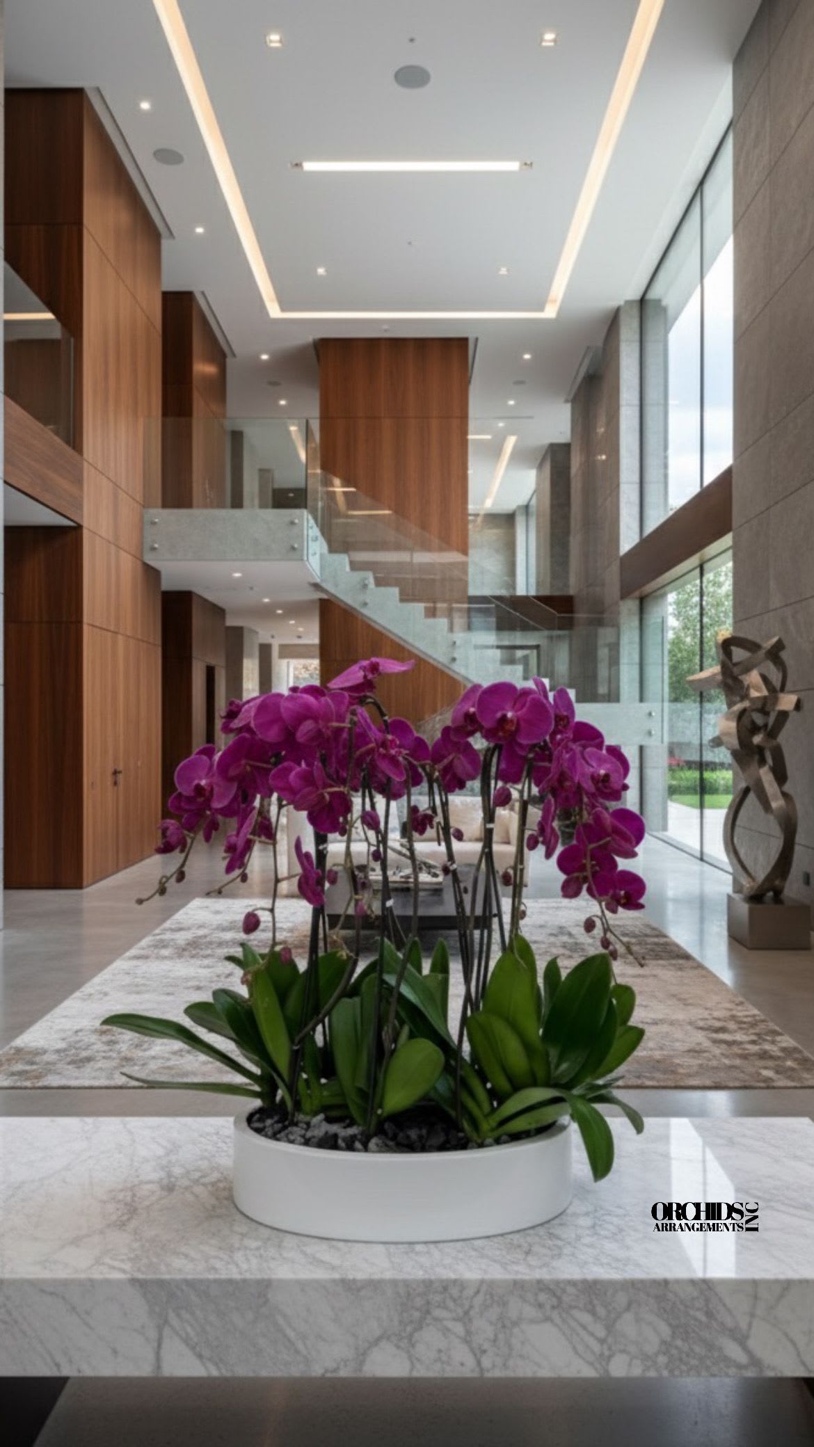 Purple Orchid Same Day Flowers - A high quality Twelve purple orchids arrangement with a vase 19.5" D X 4" T. An orchids arrangement deliver for any occasion design with fresh natural real beautiful Phalaenopsis cascade orchids plants minimalist decor. 