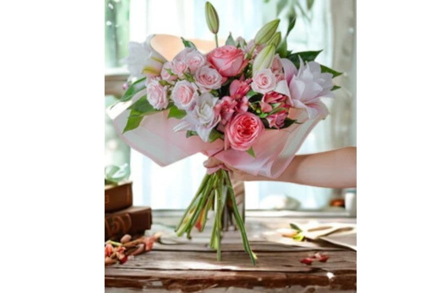 Blushing Valentine Bouquet - Soft, romantic, and timeless, Blushing Valentine is a delicate bouquet designed to celebrate love in its sweetest form. Featuring blush and soft pink roses, spray roses, lilies, and seasonal blooms, this hand-tied arrangement is finished with fresh greenery and elegant wrapping. Perfect for Valentine’s Day, anniversaries, or heartfelt surprises, Blushing Valentine speaks love with grace and beauty.  Each bouquet is thoughtfully handcrafted wrapped. 