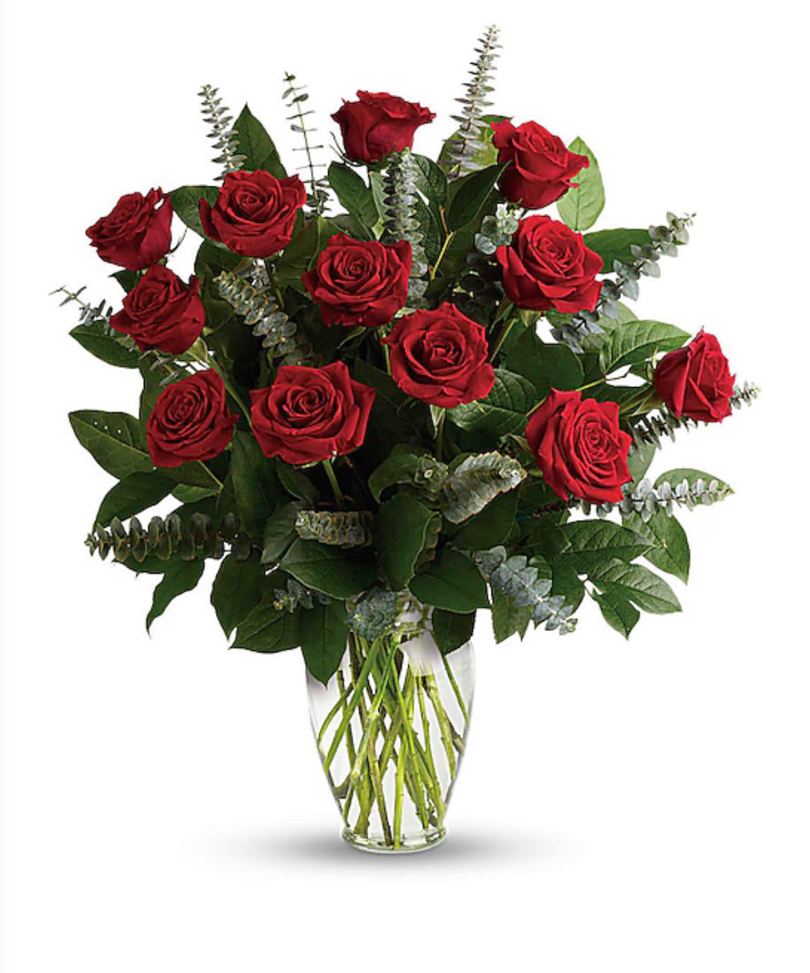 Eternal Love Bouquet - What's more romantic than a dozen, 18 or two dozen roses. Proclaim your love eternal with radiant gift. This bouquet is arranged with spiral eucalyptus and lemon leaf. Delivered in a clean glass vase. 