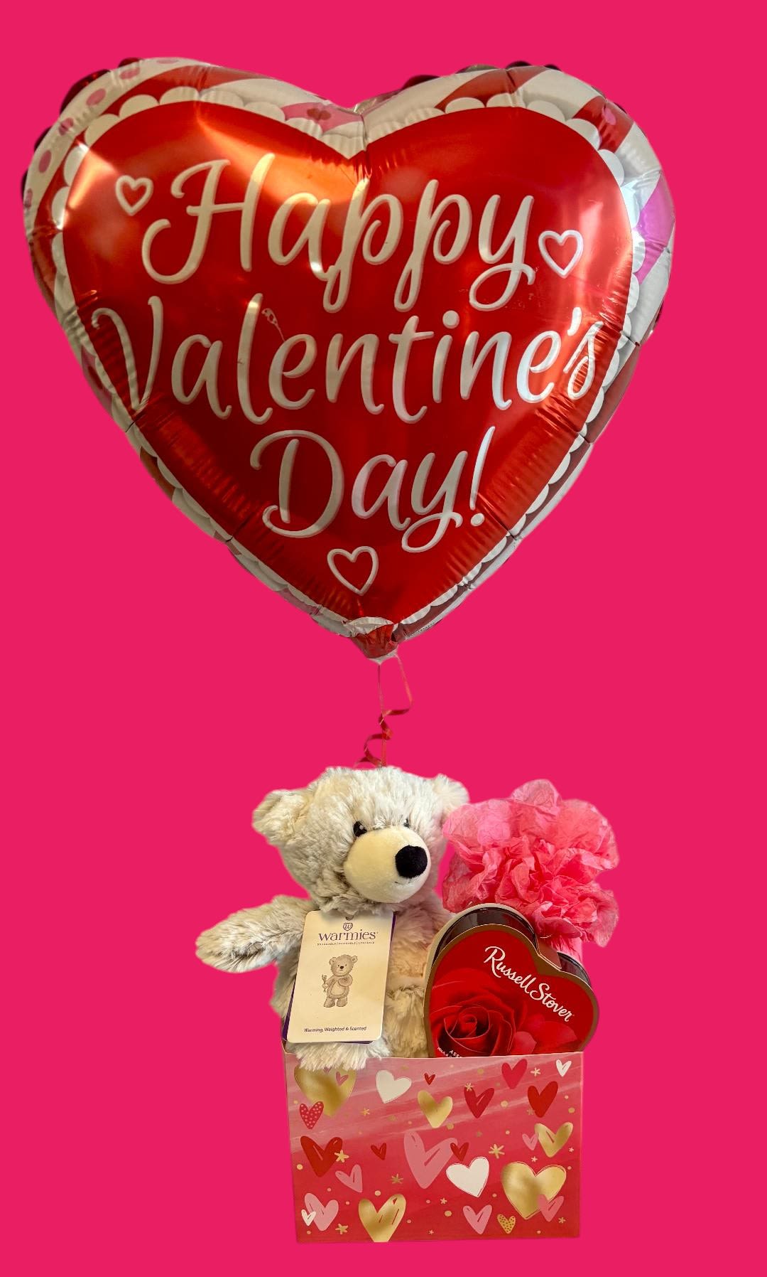 Love you Beary Much - Combo 4 - Valentine gift set includes a warmie bear, a box of chocolates, a bath bomb &amp; a mylar balloon. Send alone or add on to any floral arrangement for your sweetheart.