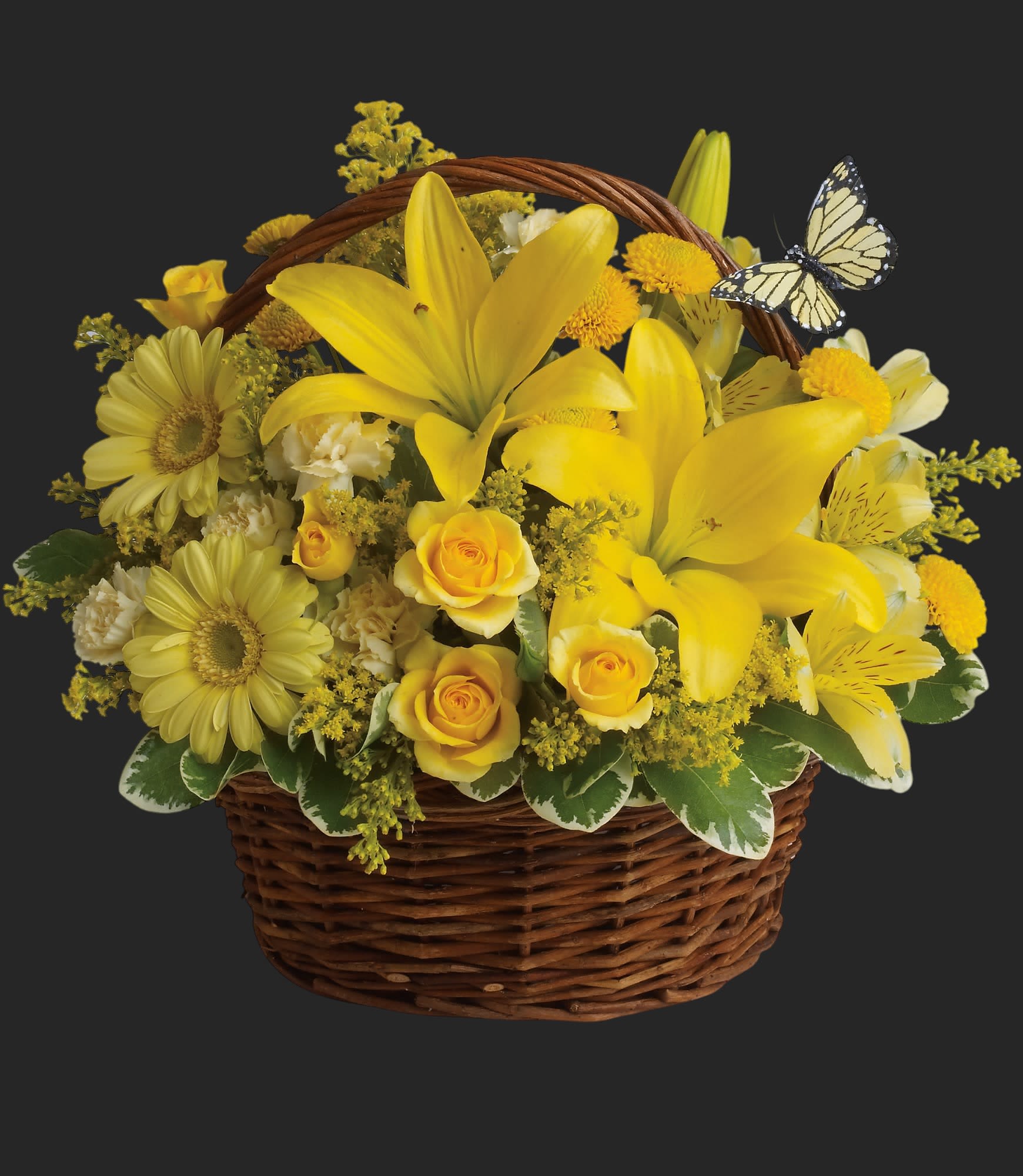 Basket Full of Wishes - Wishes do come true, by the basketful, actually. This delightful arrangement is so full of sunny blossoms, it even includes a pretty yellow butterfly who obviously feels right at home, basking in the warmth.    Brilliant yellow spray roses, asiatic lilies, miniature gerberas, carnations, alstroemeria, button spray chrysanthemums and delightful greenery are joined by a delicate butterfly in an oval basket. It's a basket of wonder and wishes!    Approximately 12" W x 11" H    Orientation: All-Around    As Shown : T27-2A  Deluxe : T27-2B  Premium : T27-2C