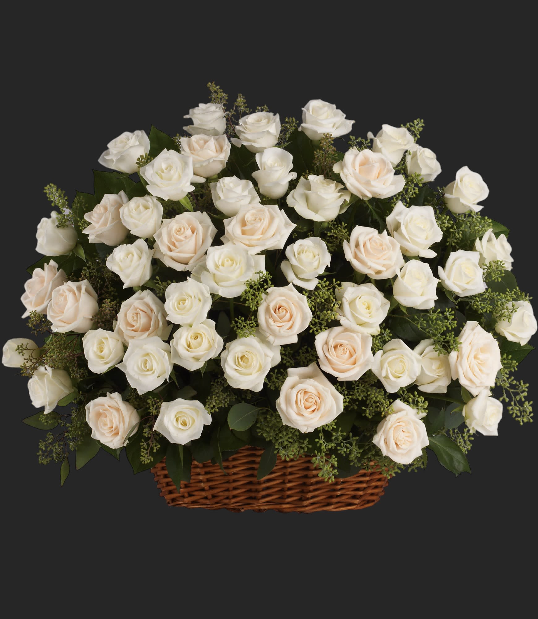 Bountiful Rose Basket - A beautiful, bountiful basket of luminous white roses that feels so fresh, natural, and welcomed in a home or at a service.  