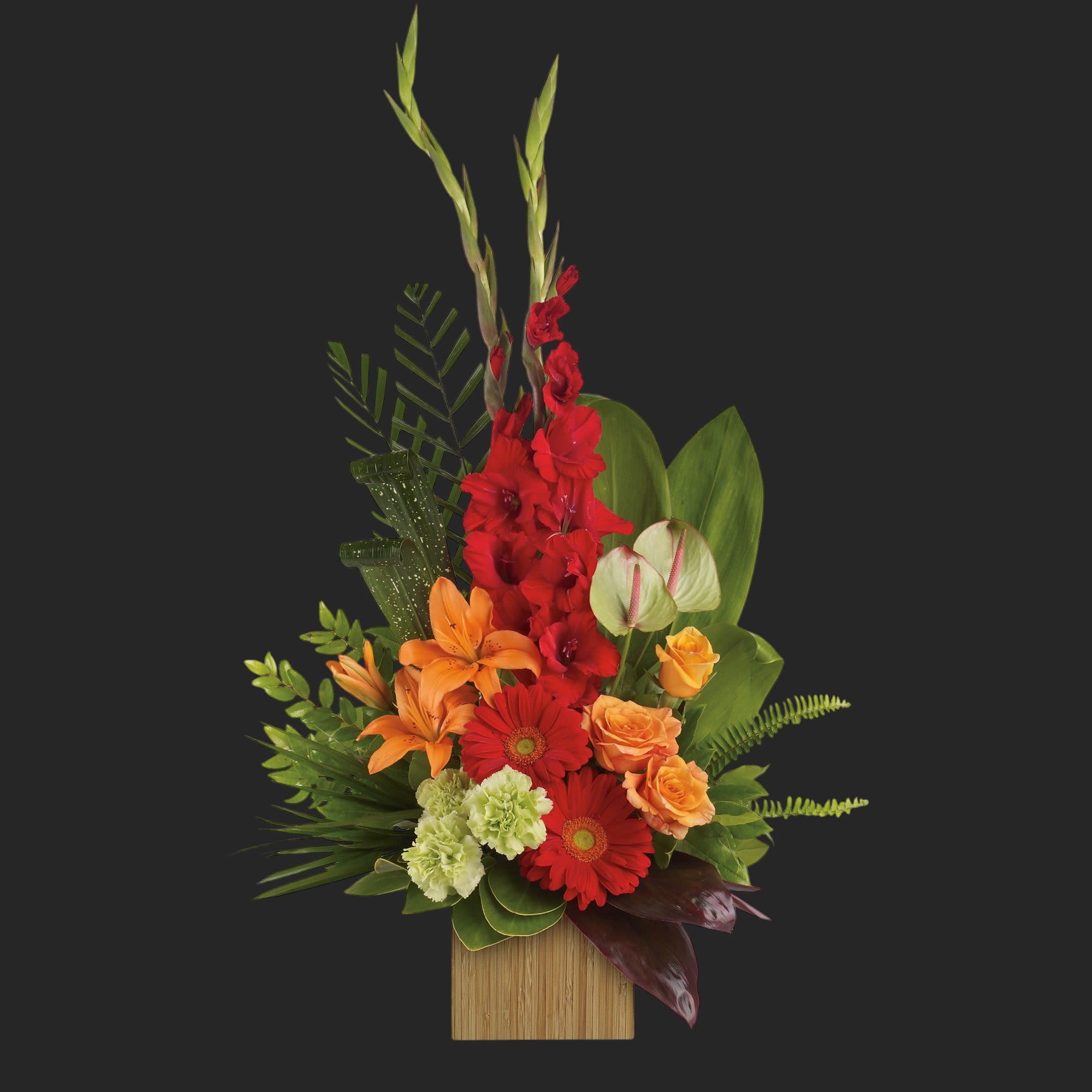 Heart's Companion Bouquet - A reminder of the joy of life, this stunning arrangement of orange and red floral favorites in a stylish bamboo cube is a gift that will be loved - and remembered.  