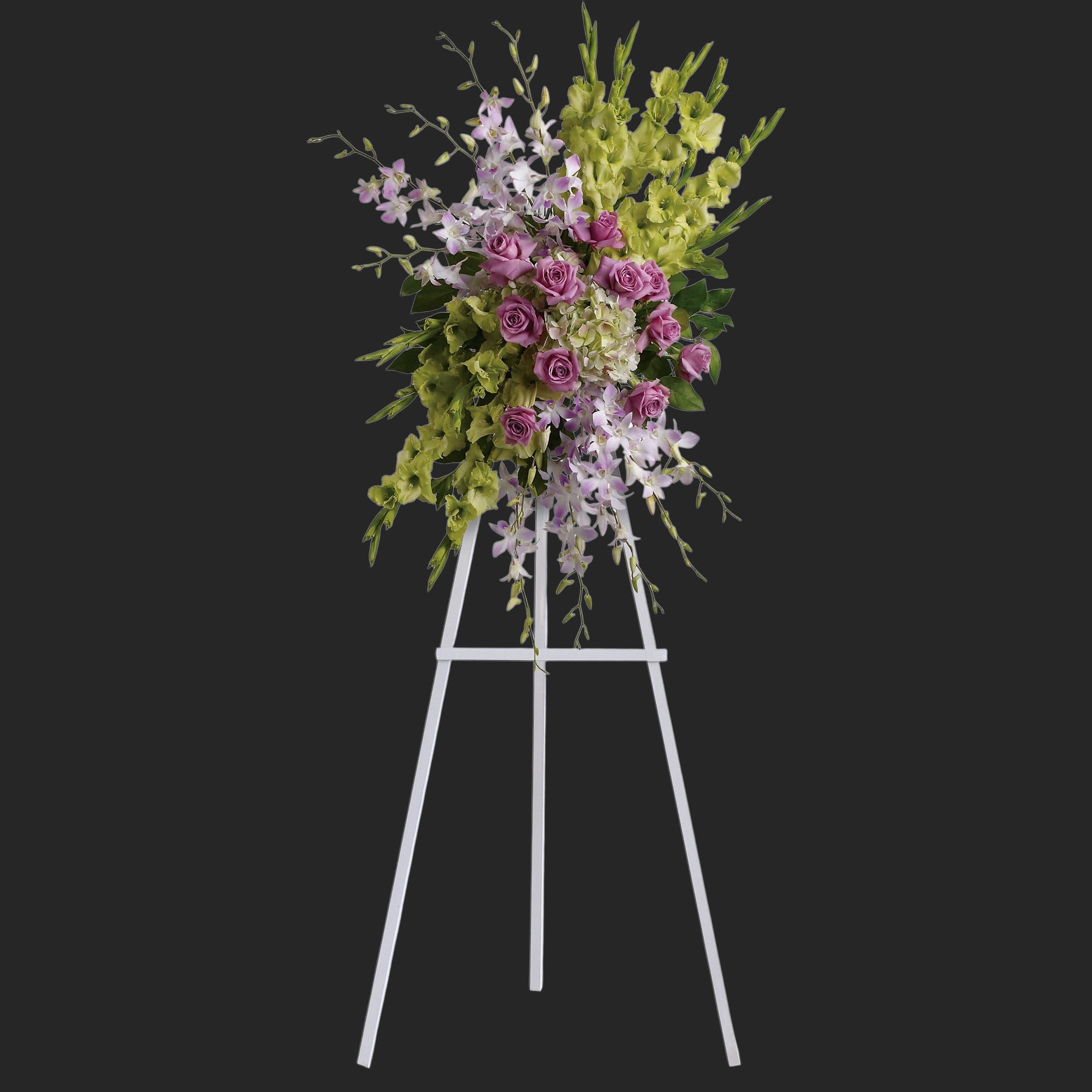 Heavenly Sentiments Spray - Fresh roses and opulent blooms such as orchids and gladioli - in celestial colors of green, purple and lavender - create a fine and appropriate floral standing spray. Send this gift as a representation of your thoughtfulness and devotion.  