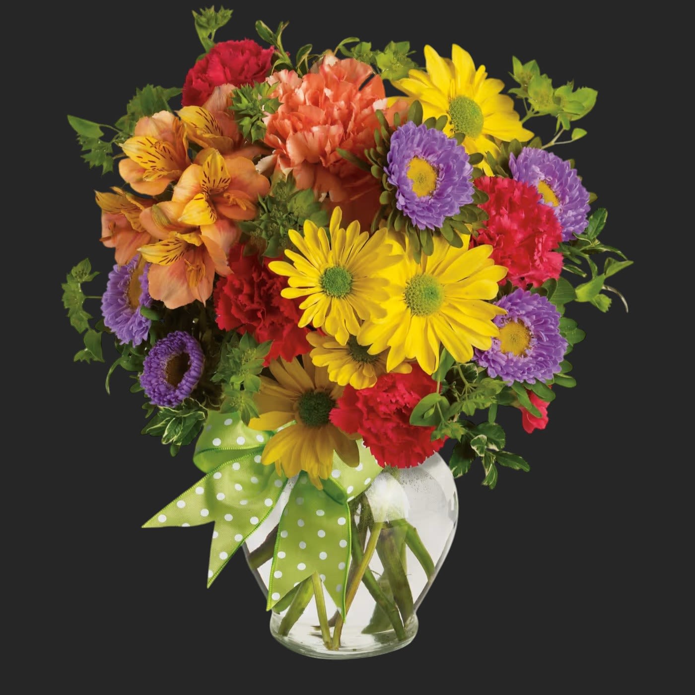 Make a Wish - A summery mix of yellow daisy chrysanthemums, purple asters and red and orange carnations - arranged in a clear ginger vase and adorned with a cheerful green plaid bow - will make their wishes come true!
