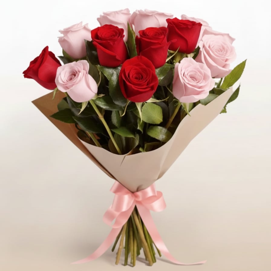 12 Red-Pink Roses Mixed Bouquet - A harmonious blend of red and pink roses, thoughtfully arranged to represent love, admiration, and affection. This twelve-stem bouquet beautifully balances passion and tenderness, making it perfect for romantic and meaningful occasions.  Note: The tone of the rose colors, wrapping paper, and filler flowers may vary slightly depending on seasonal availability and inventory.