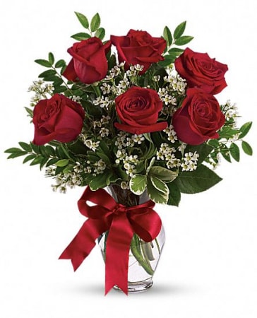 #6 Valentine arrangement  - Clear or red vase w/ 1/2 dozen red roses and filler. Can change color of bow and filler! 