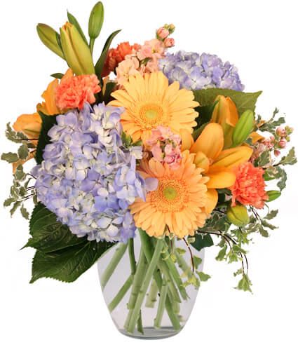 A Perfect Day By Arce - This arrangement is small, but packs a punch! Blue hydrangea provide a backdrop to orange gerbera daisies. Carnations orange lilies and Mix fillers