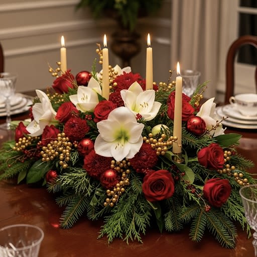 Holy Jolly By Black Cat Florist - Holy Jolly is a magnificent and festive creation, designed to be the focal point of your holiday table. This lush, traditional arrangement is a beautiful tapestry of classic Christmas elements, including deep red roses, elegant white amaryllis, and fragrant pine branches. Accented with sparkling golden berries and delicate red ornaments, this piece is designed with elegant taper candles to cast a warm, luxurious glow. It is the perfect centerpiece for a grand holiday dinner or celebration, embodying the magic of the season.