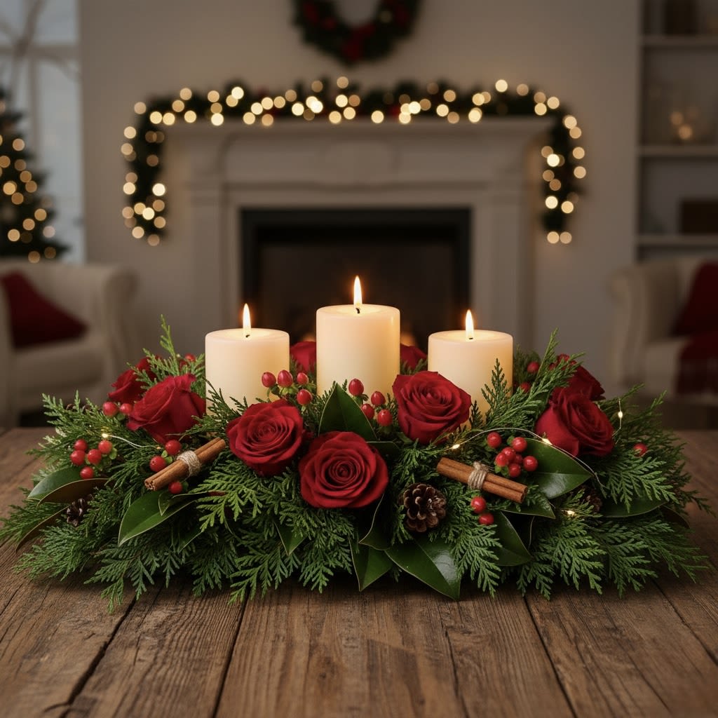 Natalia By Black Cat Florist - A classic and elegant Holiday Centerpiece featuring three softly lit pillar candles nestled amongst lush cedar and magnolia greenery, deep red roses, and festive red berries. Perfect for adding traditional warmth and sparkle to your Christmas table.
