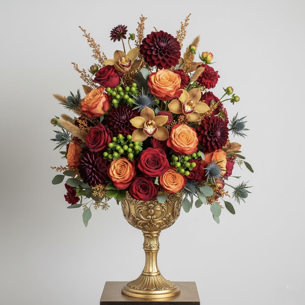 Gilded Autumn Grandeur By Black Cat Florist  - Presenting the majestic Gilded Autumn Grandeur – an opulent floral masterpiece designed to command attention and celebrate the season in unparalleled style. This breathtaking arrangement overflows from a magnificent antique gold chalice, showcasing an extravagant blend of deep crimson roses, vibrant orange garden roses, and rich burgundy dahlias. Exotic bronze cymbidium orchids and intriguing blue thistle add layers of texture and sophistication, while lively green hypericum berries and delicate eucalyptus complete this luxurious display. Perfect as a dramatic centerpiece for a grand Thanksgiving feast, an elegant corporate event, or a statement piece in a luxury home, the Gilded Autumn Grandeur is an embodiment of lavish autumnal beauty and refined taste.