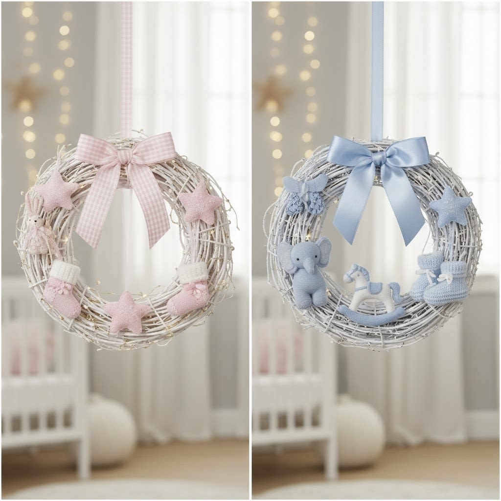 Sweetest Dreams Wreath By Black Cat Florist  - Celebrate baby's first Christmas with this charming, delicate wicker wreath! Adorned with soft pink (for girls); soft blue (for boys) and plush animal ornaments knitted accents, and fabric ribbon, this wreath is an airy, adorable accent perfect for a nursery door or wall. A beautiful keepsake for a baby most cherished holiday.  Comes with a first Christmas ornament. Please add on the note if you one the blue or pink before submitting the order.  Limited Edition…Available only while supplies last!.