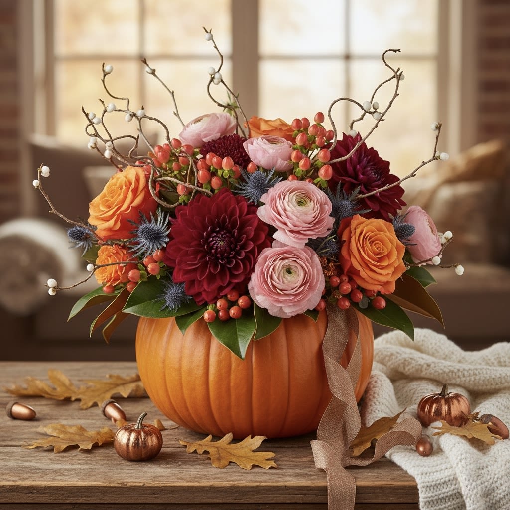 Pumpkin Patch Elegance By Black Cat Florist  - Celebrate the rich beauty of the season with our Pumpkin Patch Elegance arrangement. Nestled in a real, natural pumpkin, this luxurious centerpiece captures the sophisticated charm of autumn. A stunning display of deep burgundy dahlias, radiant orange roses, and delicate pink ranunculus creates a lush and inviting palette. Textured blue thistles, vibrant red hypericum berries, and whimsical white-tipped branches add depth and artistry, while a shimmering ribbon provides a final touch of refinement. Perfect for your Thanksgiving table, fall decor, or as a magnificent gift, this arrangement embodies the warmth and bounty of the harvest season.